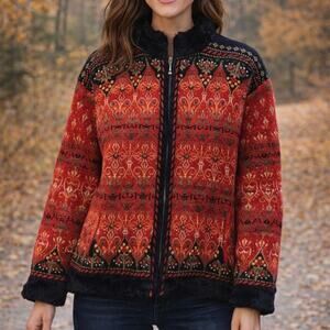 VTG Icelandic Design Wool Embroidered Fair Isle Nordic Full Zip Knit Jacket LG